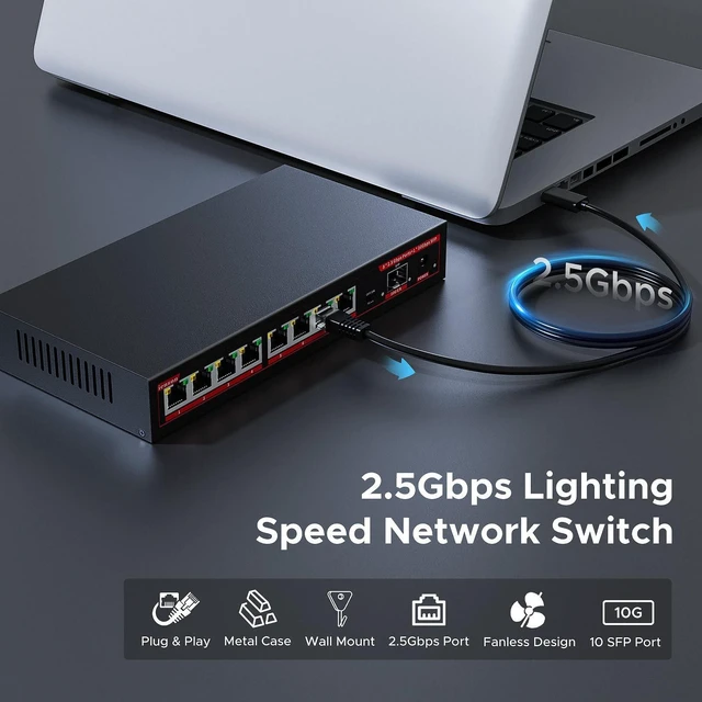 Alt view image 2 of 5 - ienRon 8 Port 2.5G Unmanaged Ethernet Switch with 10G SFP+ Slot, 60Gbps Switching Capacity Network Switch, One Key VLAN^^ Plug & Play ^^Fanless ^^Metal ^^Wall Mount, Compatible with 100/1000/2500Mbps