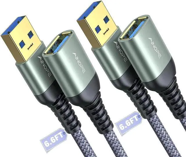 Main image of JAAINOPE 2 Pack USB Extensions Cable High Speed USB 3.0 Extension Cord Type A Male to Female Sturdy Braided Material Fast Data Transfer Compatible with USB Keyboard Mouse Flash Drive Grey 6.6FT+6.6FT