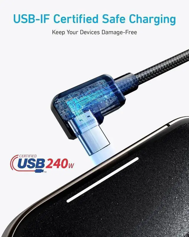 Alt view image 2 of 7 - JAENFONG USB C to USB C Right Angle Cable 240W 90 Degree Type-C Braided Charging Cord for iPhone 16 Series and More (2Pack 6FT Black)