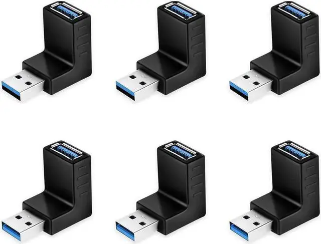 Main image of JAENFONG 90 Degree USB 3.0 Adapter 6 Pack - Right Angle Male to Female Up/Down/Left/Right Connector - L Shaped Extension for PC Laptop Charger and More