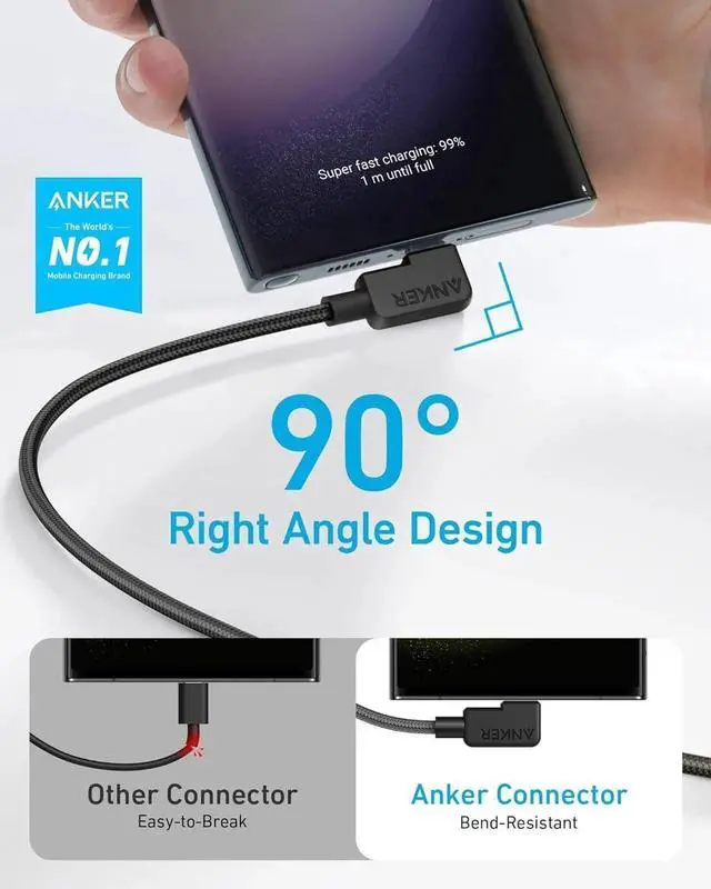 Alt view image 6 of 7 - JAENFONG USB C to USB C Right Angle Cable 240W 90 Degree Type-C Braided Charging Cord for iPhone 16 Series and More (2Pack 6FT Black)