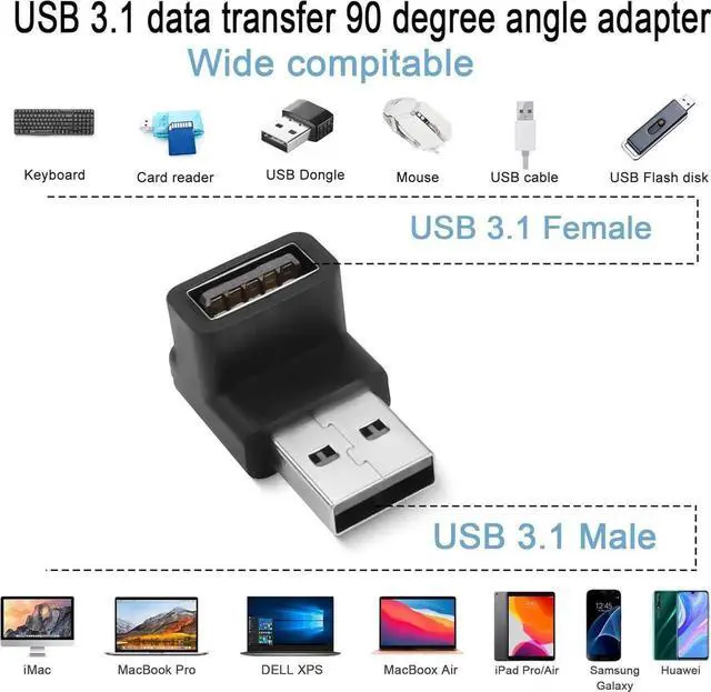 Alt view image 6 of 7 - JAENFONG USB 3.1 90°Angle Adapter 10Gbps USB 3.1 Male to Female L-Angle Connector USB A 3.1 Right Angle Coupler Support 3A Charging OTG Data Transfer 2Pcs (Positive Bend/Female end Down)