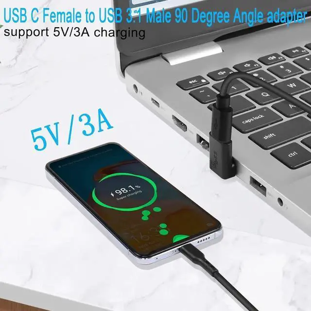 Alt view image 4 of 7 - QIANRENON 10Gbps USB 10Gbps USB 3.1 to USB C 90° Angle Adapter USB A Male to USB C Female L-Shaped Angle Connector for OTG Data Transfer 3A Charging for PC Laptop Tablet 2Pcs (Positive Bend/Female up)