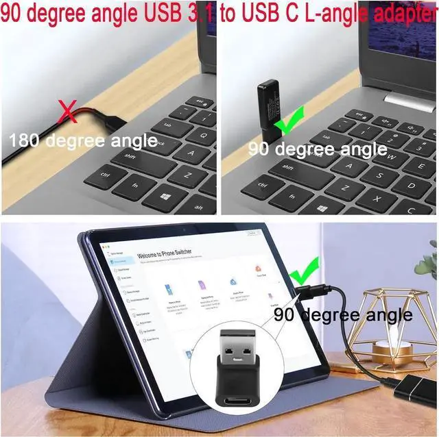 Alt view image 6 of 7 - QIANRENON 10Gbps USB 10Gbps USB 3.1 to USB C 90° Angle Adapter USB A Male to USB C Female L-Shaped Angle Connector for OTG Data Transfer 3A Charging for PC Laptop Tablet 2Pcs (Positive Bend/Female up)