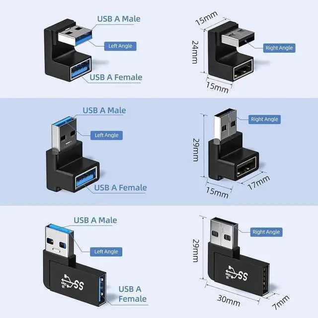 Main image of JAENFONG 6 Pack 180 Degree & 90 Degree USB 3.1 Adapter Left and Right Angle USB A Male to Female Extender Connector for PC Laptop USB A Car Charger Surface Pro 7+ Raspberry Pi and More