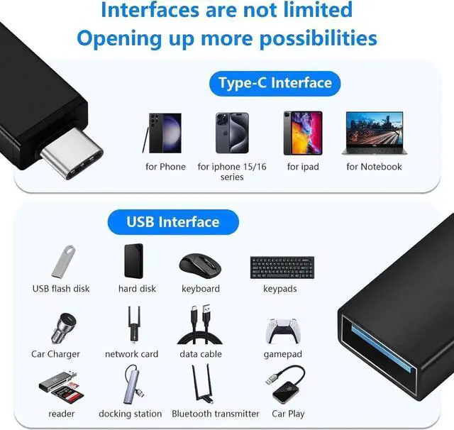 Alt view image 3 of 6 - JAENFONG 10 Pack USB C to USB3.0 Adapter Type C Male to USB Female Adapter for Smartphone PC Laptop Tablet Keyboard