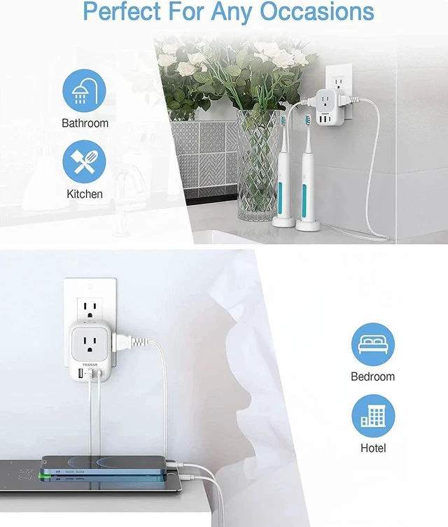 Alt view image 6 of 6 - USB Wall Charger Wall Plug Adapter Outlet Extender 3 Charger Block (1 USB C Port) Multi Charging Station for Cruise Bathroom Office Dorm Essentials