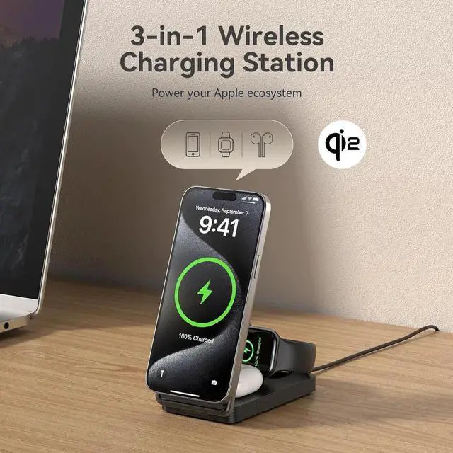 Alt view image 4 of 6 - Qi2 3 in 1 Wireless Charging Station for 15W Wireless Travel Charger for iPhone 16/15/15 Pro/14/13/12 Watch Airpods Fast Charger for Multiple Devices