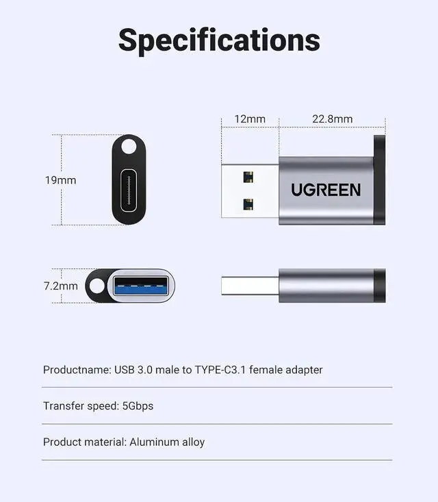 Alt view image 2 of 7 - JAENFONG 10Gbps USB C Female to USB Male Adapter Type C to USB A Charger Cable Converter Compatible with Watch iPhone 15 14 13 AirPods 3 MacBook Galaxy Google Pixel etc Gray