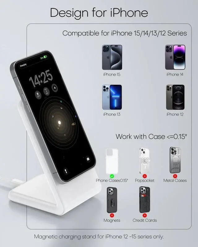 Alt view image 4 of 5 - Mag-Safe Charger Stand for iPhone 16 (with 20W Adapter 5Ft Cable) Magnetic Wireless Charger with Fast Charging Capability for iPhone 15/14/13/12 Series- Grey
