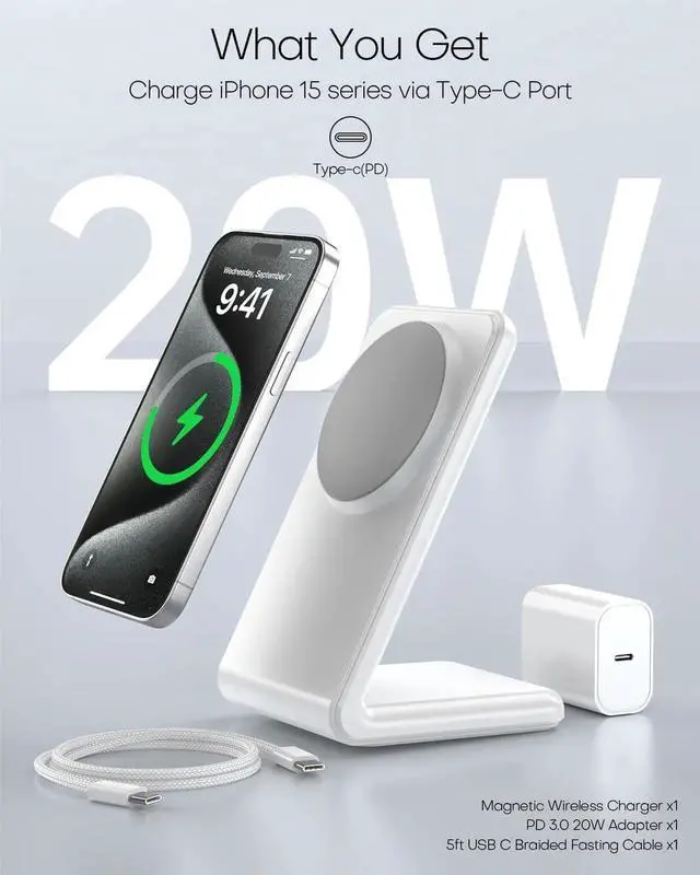 Alt view image 3 of 5 - Mag-Safe Charger Stand for iPhone 16 (with 20W Adapter 5Ft Cable) Magnetic Wireless Charger with Fast Charging Capability for iPhone 15/14/13/12 Series- Grey