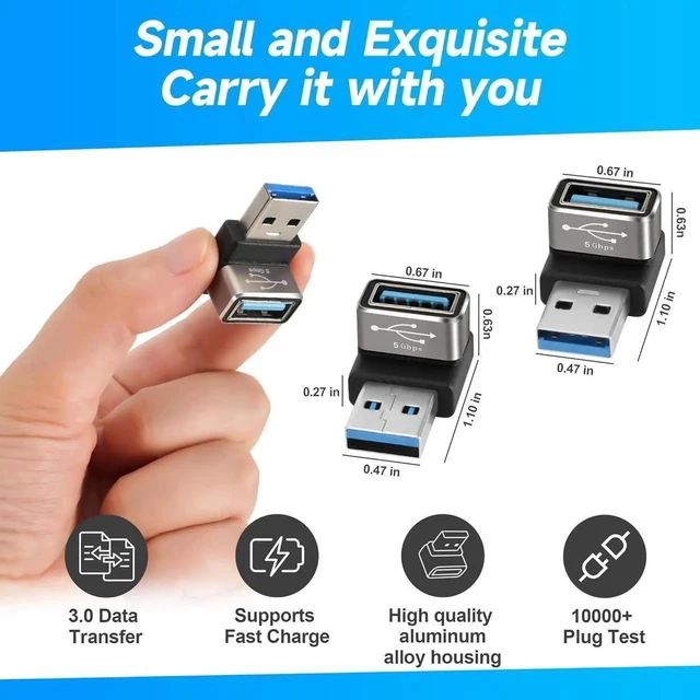 Alt view image 2 of 5 - F90 Degree USB 3.0 Adapter 2 Pack (Up and Down) Right Angle USB Type-A Male to Female USB L Shape On The Go (OTG) Connector Extender Support Charge & Data Sync (5Gbps) for PC Laptop Mouse Keyboard