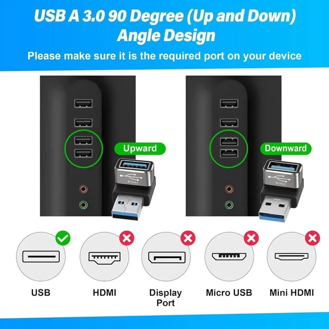 Alt view image 5 of 5 - F90 Degree USB 3.0 Adapter 2 Pack (Up and Down) Right Angle USB Type-A Male to Female USB L Shape On The Go (OTG) Connector Extender Support Charge & Data Sync (5Gbps) for PC Laptop Mouse Keyboard