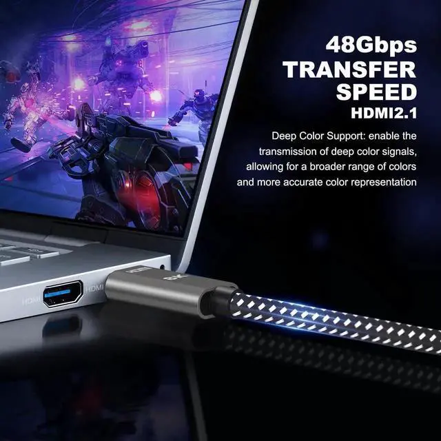 Alt view image 4 of 7 - JAENFONG 10K 8K HDMI 2.1 Cable 10 ft / 3M Certified 48Gbps Ultra High Speed 8K 60Hz 4K 120Hz 240Hz 165Hz 144Hz HDR10+ eARC HDCP2.3 Braided HDMI Cord for Netflix TV PC Monitor Projector PS5 Xbox