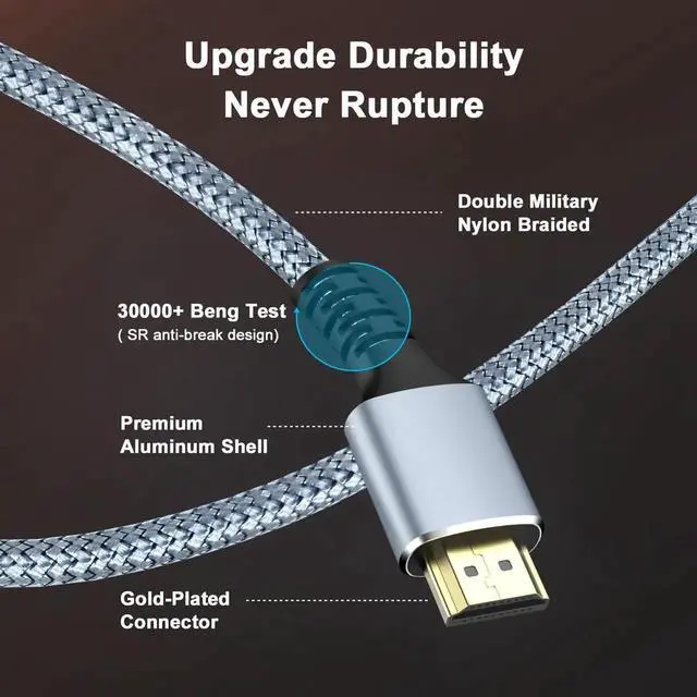 Alt view image 2 of 7 - JAENFONG 8K 10K 4K HDMI Cable 48Gbps 2-Pack 10FT/3M Certified Ultra High Speed HDMI Cable Braided Cord-4K@120Hz 8K@60Hz DTS:X HDCP 2.2 & 2.3 HDR 10 Compatible for TV/PS5/HDTV/Blu-ray
