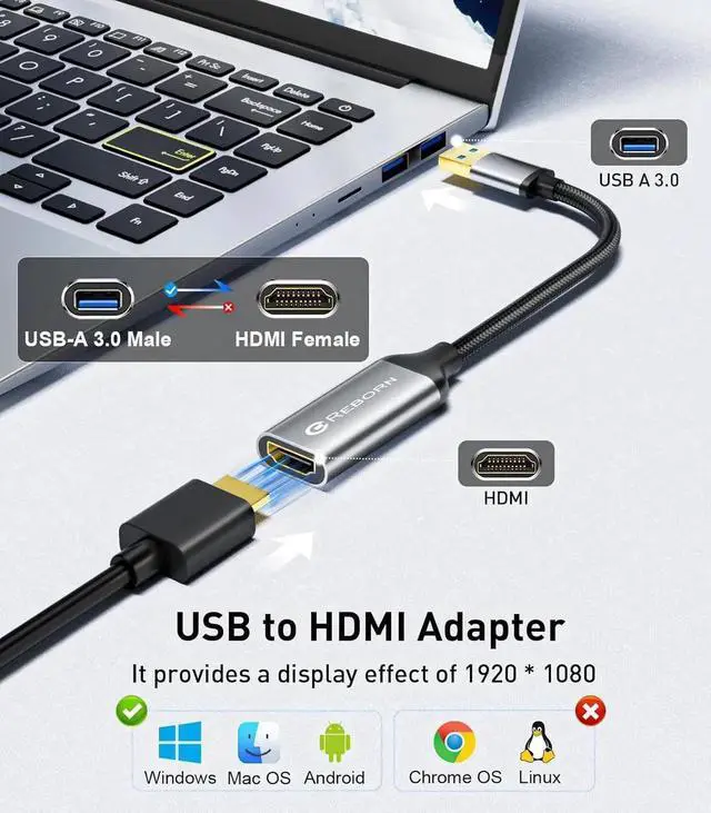 Alt view image 7 of 7 - JAENFONG USB to HDMI Adapter 1080P@60Hz USB 3.0 Male to HDMI Female Multi-Display Cable Converter Suitable for MacOS Windows 7/8/10/11