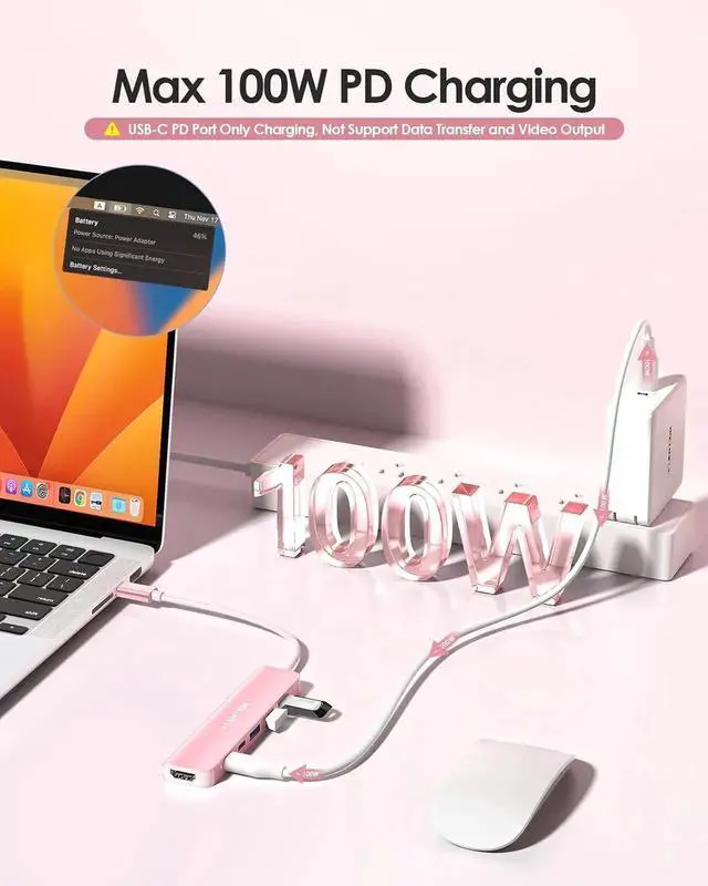 Alt view image 2 of 7 - JAENFONG USB C Hub Multiport with 4K HDMI Port 3xUSB-A Ports USB-C Data Port 100W PD Port Compatible New MacBook Pro/Air iPhone 15 Pro/Pro Max Surface Chromebook More(CE35s Rose Gold)