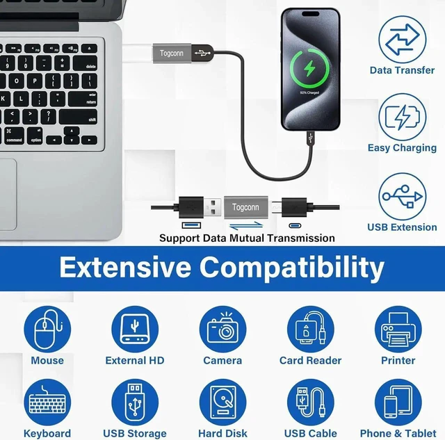 Alt view image 3 of 5 - JAENFONG USB to USB C Adapter 2 Pack Bi-Directional USB Type-C (Female) to USB Type-A (Female) On-The-Go (OTG) Converter Connector Support Charging & Data Sync for Laptop PC iPhone MacBook Pro