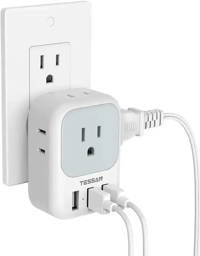 Main image of USB Charger Block Wall Plug Adapter with Electrical 4 Box Splitter 3 USB Wall Charger Ports Multi Plug Outlet Extender Charging for Cruise Travel Office Dorm Essentials