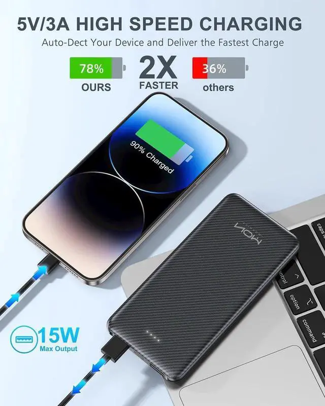 Alt view image 2 of 7 - JAENFONG Power Bank 10000mAh Portable Charger Slimmest 5V/3A Battery Pack USB C Input & Output External Phone Charger Compatible with iPhone 15 14 13 12 Galaxy S24 S23 S22 iPad Pixel etc (Black)