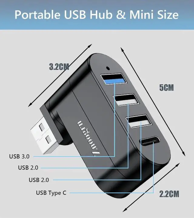 Alt view image 2 of 6 - JAENFONG Upgrade 4 Ports USB 3.0 Hub (90°/180° Degree Rotatable) USB Multiport Rotating Hub with USB C Power/Data Port USB Extender for Laptop Camera PC Xbox MacBook Pro and More