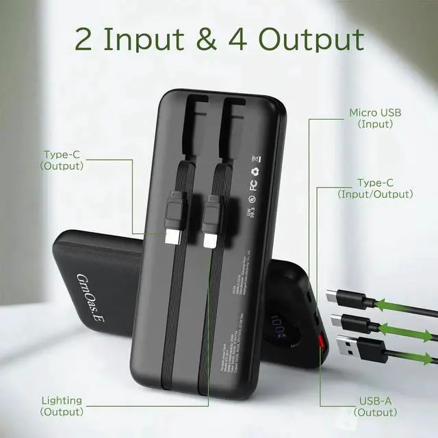 Alt view image 7 of 7 - JAENFONG Power Bank 10000mAh 22.5W Max Portable Charger Built in Cables4 Outputs 2 Inputs External Phone Powerbank 5V/3A Fast Charging Travel Charger for iPhone Android iPad (Pearl Black)