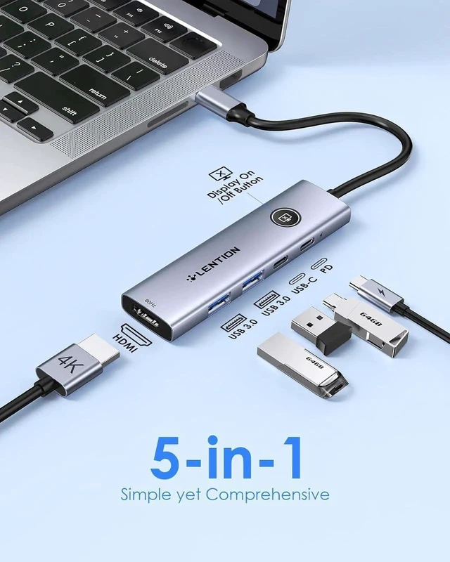 Alt view image 6 of 7 - JAENFONG USB C Multiport Adapter 5-in-1 USB C Hub with HDMI 4K@60Hz USB A 3.0 Type C 3.0 100W PD Charging Multiport USB Adapter with Screen On/Off Button for MacBook and Other Type C Devices