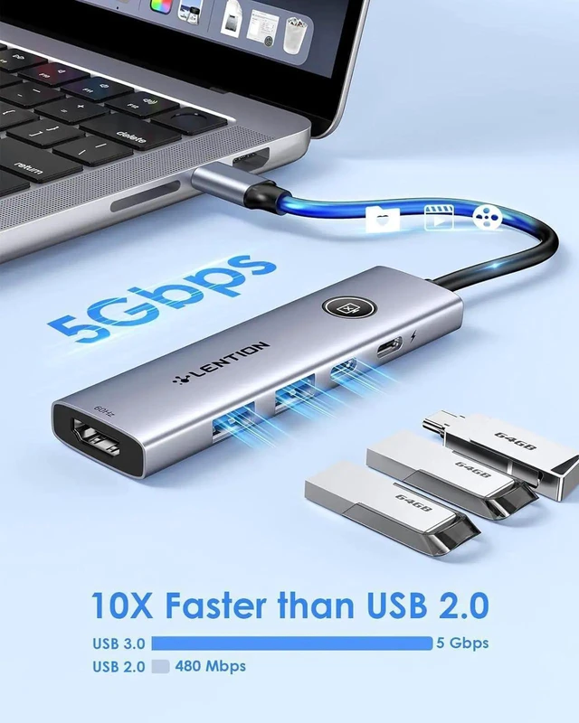 Alt view image 7 of 7 - JAENFONG USB C Multiport Adapter 5-in-1 USB C Hub with HDMI 4K@60Hz USB A 3.0 Type C 3.0 100W PD Charging Multiport USB Adapter with Screen On/Off Button for MacBook and Other Type C Devices