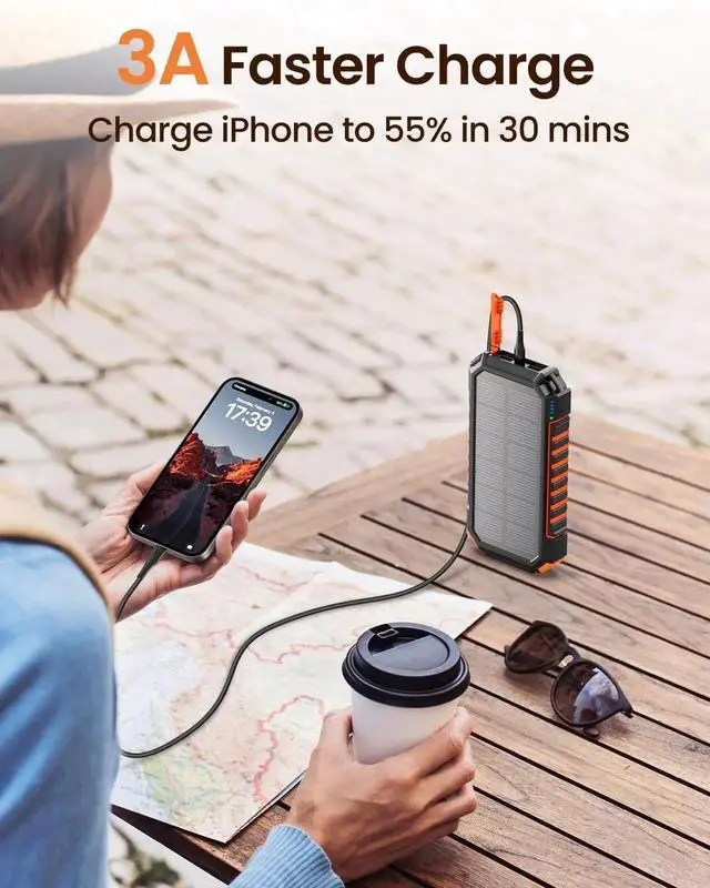 Alt view image 3 of 7 - JAENFONG Power Bank 27000mAh Solar Charger 15W USB C Fast Charging Portable Phone Charger for iPhone Three Outputs External Battery Pack with Bright LED Flashlight for Outdoor Camping