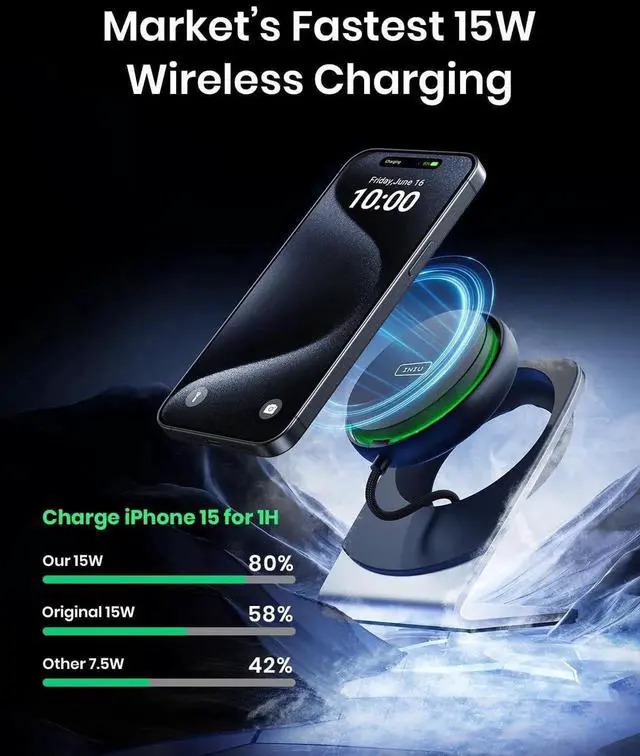 Alt view image 3 of 6 - Wireless Charger 15W Fast Charging Magnetic Wireless Charger Stand Travel Essential Wireless Charging Station with Sleep-Friendly Adaptive Light for iPhone 16/15/14/13/12 Series Airpods