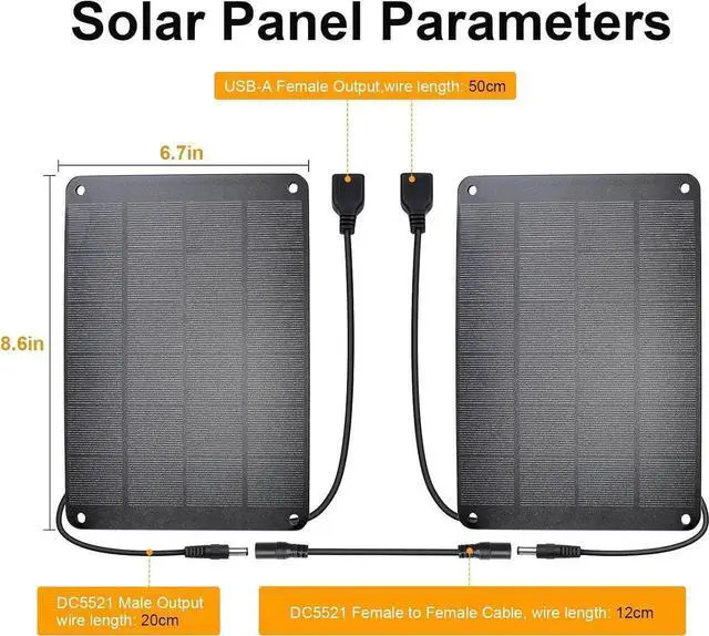 Alt view image 2 of 6 - 2Pack Solar Panel with Metal Hook 5V 6W High Performance Monocrystalline Module with USB-A Female & DC Male Output Waterproof Panel for Security Camera Mobile Phone Small Fan Charging Bank Outdoor