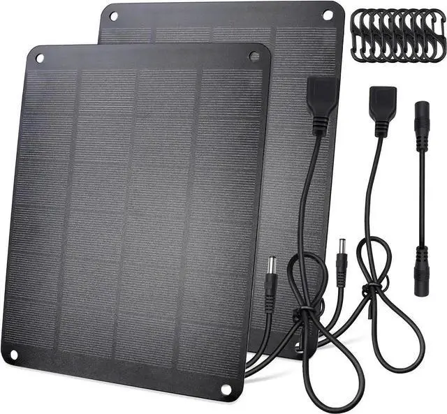Main image of 2Pack Solar Panel with Metal Hook 5V 6W High Performance Monocrystalline Module with USB-A Female & DC Male Output Waterproof Panel for Security Camera Mobile Phone Small Fan Charging Bank Outdoor
