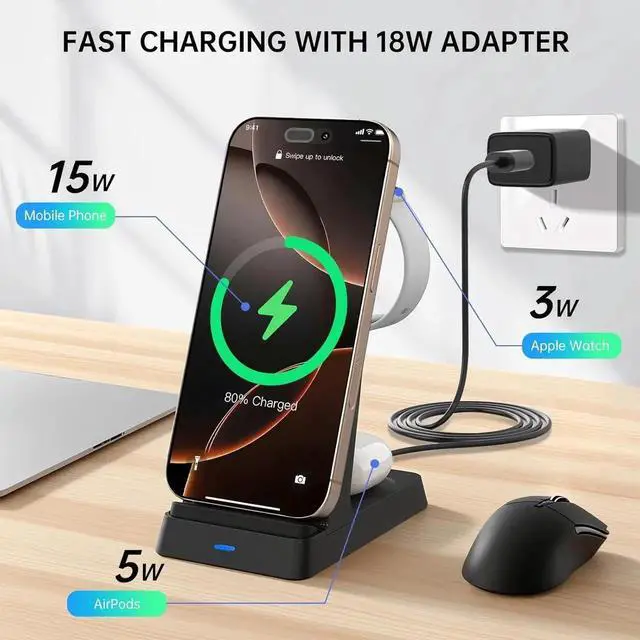 Alt view image 5 of 7 - JAENFONG 2025 3 in 1 Charging Station Fast Charging for iPhone Wireless Charger for iPhone 16e 16 15 14 13 12 11 X Pro Max & Watch - Wireless Charging Station for AirPods 4 3 2 Pro