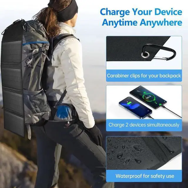 Alt view image 3 of 7 - JAENFONG Portable Solar Panel 35W Mobile Phone Solar Charger with Dual USB Outputs Waterproof Smartphones Battery Charger Foldable Solar Charging Panel for Camping Hiking and Outdoor Trip (Black)