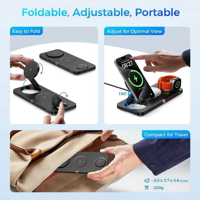 Alt view image 4 of 7 - 3 in 1 Wireless Charging Station for Dvices 15W Fast Magnetic Charger Foldable Travel Mag-Safe Charger Stand for iPhone 16/15/14/13/12 Pro Max Plus iWatch S10/Ultra - S2 AirPods 4/Pro/3/2