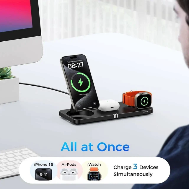 Alt view image 6 of 7 - 3 in 1 Wireless Charging Station for Dvices 15W Fast Magnetic Charger Foldable Travel Mag-Safe Charger Stand for iPhone 16/15/14/13/12 Pro Max Plus iWatch S10/Ultra - S2 AirPods 4/Pro/3/2