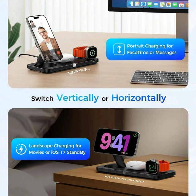 Alt view image 5 of 7 - 3 in 1 Wireless Charging Station for Dvices 15W Fast Magnetic Charger Foldable Travel Mag-Safe Charger Stand for iPhone 16/15/14/13/12 Pro Max Plus iWatch S10/Ultra - S2 AirPods 4/Pro/3/2