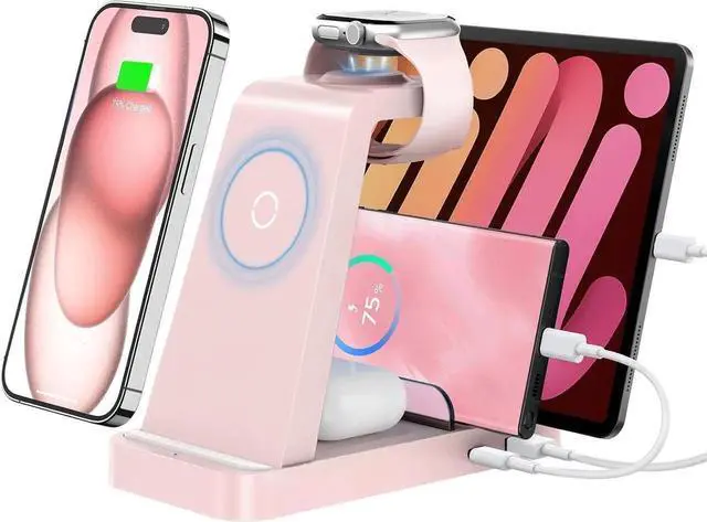 Main image of Wireless Charger for iPhone - 5 in 1 Charging Station for Multiple Devices : Fast Wireless Charging Stand Dock for iPhone 16e 16 15 14 13 12 Pro Max Watch (Pink)