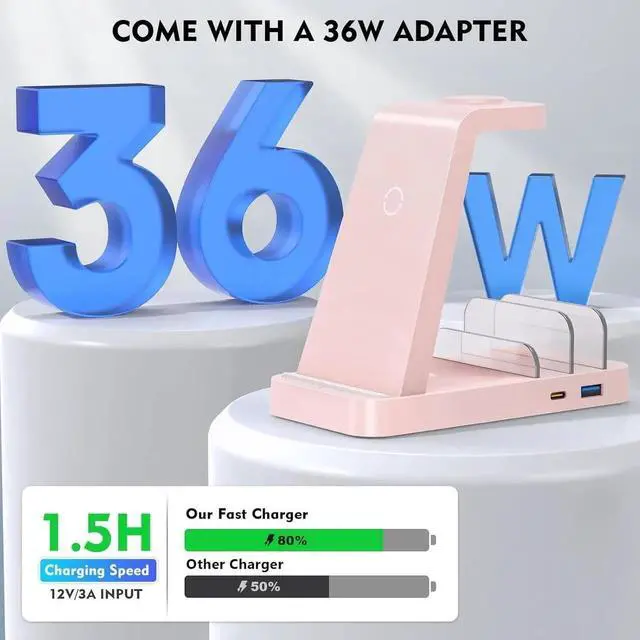 Alt view image 2 of 6 - Wireless Charger for iPhone - 5 in 1 Charging Station for Multiple Devices : Fast Wireless Charging Stand Dock for iPhone 16e 16 15 14 13 12 Pro Max Watch (Pink)