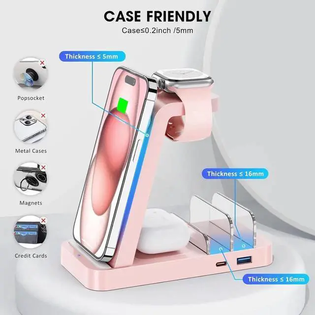 Alt view image 4 of 6 - Wireless Charger for iPhone - 5 in 1 Charging Station for Multiple Devices : Fast Wireless Charging Stand Dock for iPhone 16e 16 15 14 13 12 Pro Max Watch (Pink)