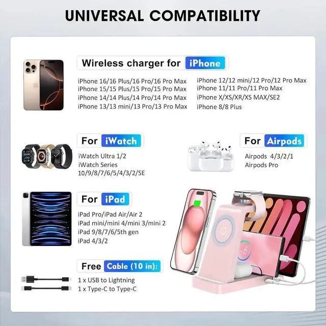 Alt view image 5 of 6 - Wireless Charger for iPhone - 5 in 1 Charging Station for Multiple Devices : Fast Wireless Charging Stand Dock for iPhone 16e 16 15 14 13 12 Pro Max Watch (Pink)
