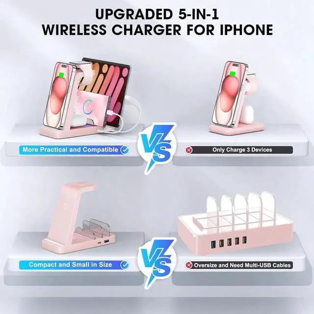 Alt view image 6 of 6 - Wireless Charger for iPhone - 5 in 1 Charging Station for Multiple Devices : Fast Wireless Charging Stand Dock for iPhone 16e 16 15 14 13 12 Pro Max Watch (Pink)