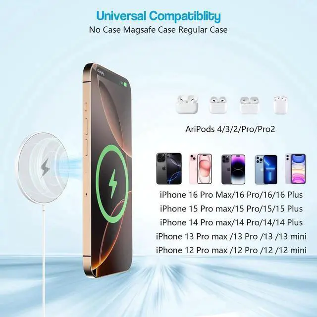 Alt view image 3 of 7 - 10FT Magnetic Wireless Charger 15W Fast Mag-Safe Charger for iPhone 16/15 PD with USB C Fast Charging Block 10 Foot Quick Charge for iPhone 16/16 Pro/Pro Max/15/14/13/12/11/AirPods 3/2/Pro