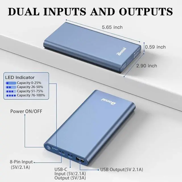 Alt view image 5 of 7 - JAENFONG Portable Charger 12 000mAh 5V/3A Fast Charging Power Bank Dural Input & Output Ports (USB-C in & Out) Portable Phone Charger for iPhone 15/14/13/12 Series Galxy Android iPad etc - Blue