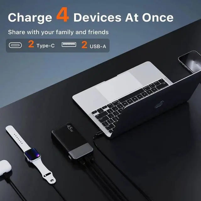 Alt view image 3 of 7 - JAENFONG J2621 Power Bank Portable Charger 20000mAh 45W PD3.0 QC 4.0 Fast Charging Battery Pack with LED Display 2 USB-C 2 USB-A for iPhone 15 16 MacBook