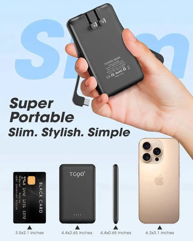 Alt view image 5 of 7 - JAENFONG Portable Charger Power Bank 5000mAh Small Battery Pack with Built-in Foldable AC Wall Plug and Cables Mini Battery Charger Compatible with iPhone 16 15 14 13 12 Google iPad etc