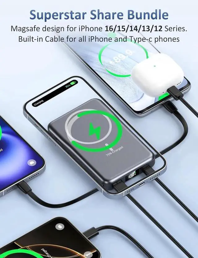 Alt view image 2 of 6 - Magnetic Portable Charger 10000mAh Power Bank 5 in 1 Portable Charger with Built in Cable 20W Fast Charging for Magsafe Battery Pack Compatible with iPhone 16/15/14/13 Pro/Pro Max Series