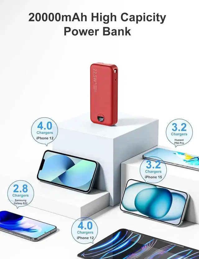 Alt view image 3 of 7 - JAENFONG 20000mAh Ultra-Portable-Charger-Power-Bank with Built in Cables&AC Wall Plug PD20W USB-C Fast Charging Cell Phone Charger Battery Pack LED Display Travel Battery Bank for All iPhone Android