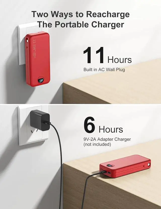 Alt view image 6 of 7 - JAENFONG 20000mAh Ultra-Portable-Charger-Power-Bank with Built in Cables&AC Wall Plug PD20W USB-C Fast Charging Cell Phone Charger Battery Pack LED Display Travel Battery Bank for All iPhone Android