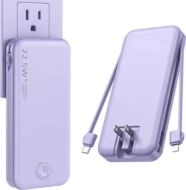 Main image of JAENFONG Portable Charger with Built in Cable and AC Wall Plug USB C Power Bank 12000mAh 22.5W Super Fast Charging Lightweight Portable Phone Charger Travel Battery Pack for iPhone ect